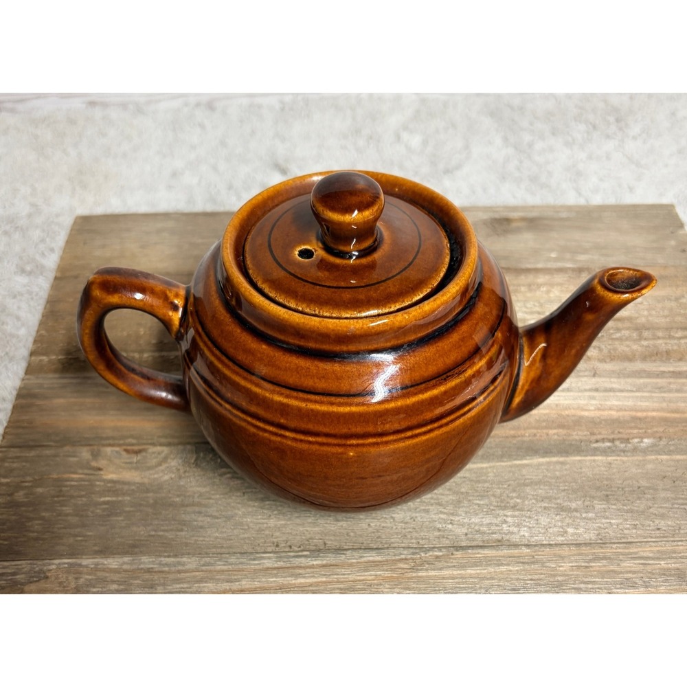 Vintage Brown Drip Glaze Ceramic Teapot Ribbed Round Tea Pot with Lid China